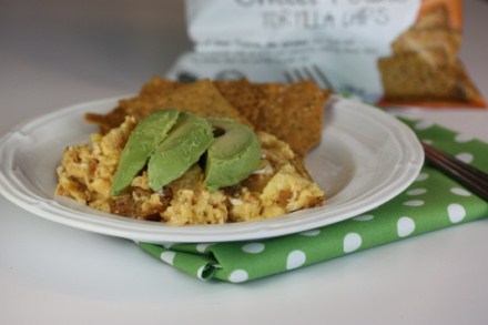 migas with avocado and sweet potato chips