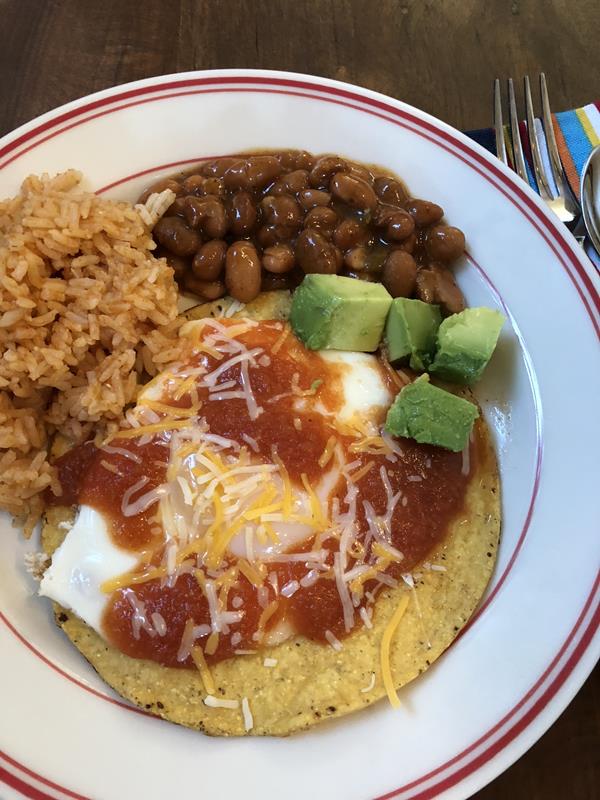 Huevos Rancheros with beans and rice