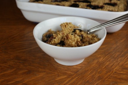 peanut butter and jelly baked oatmeal in a white bowl