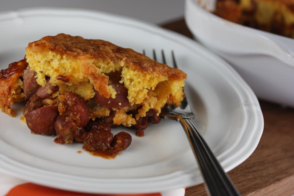 chilil corn dog pie on white plate