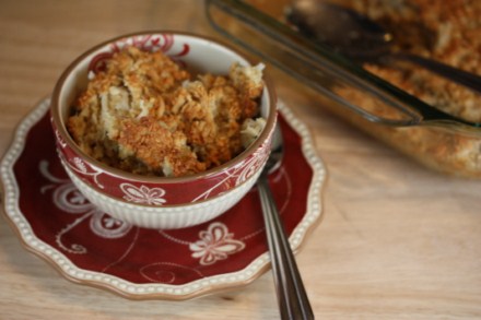 coconut baked oatmeal in a red bowl