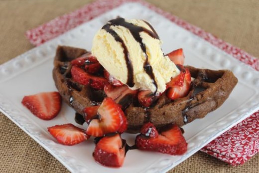 gluten free chocolate waffles with strawberries and ice cream