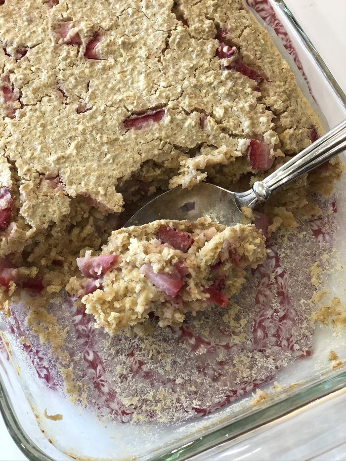 Strawberries and Cream Baked Oatmeal in glass dish