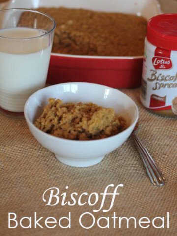 Biscoff Baked Oatmeal in a bowl with milk