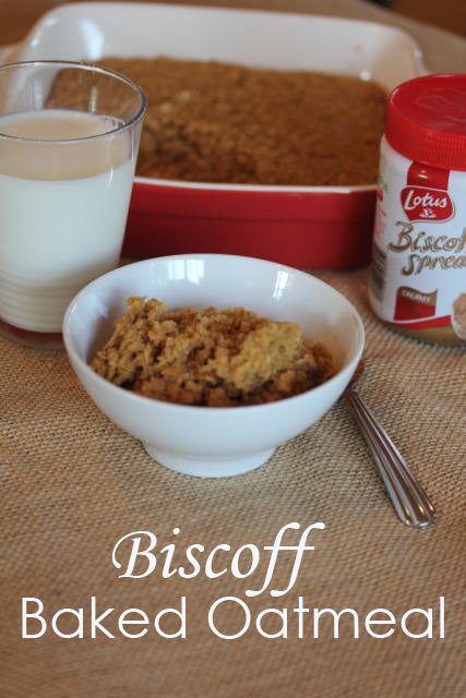 Biscoff Baked Oatmeal in a bowl with milk 