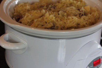 Slow Cooked Sausage, Sauerkraut, and Potatoes-