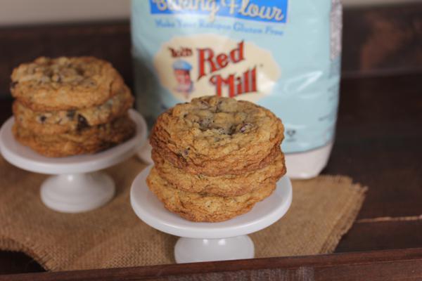 chocolate chip oatmeal cookies with bob's gf blend in background