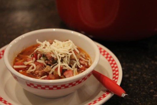 Pizza soup in a bowl