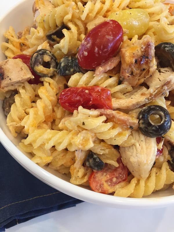 Chicken Bacon Ranch Pasta Salad with tomatoes and olives