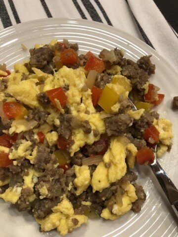Scrambled Eggs with Sausage Onions and Peppers
