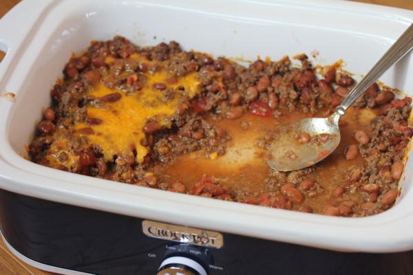 beef and beans in a casserole crock pot