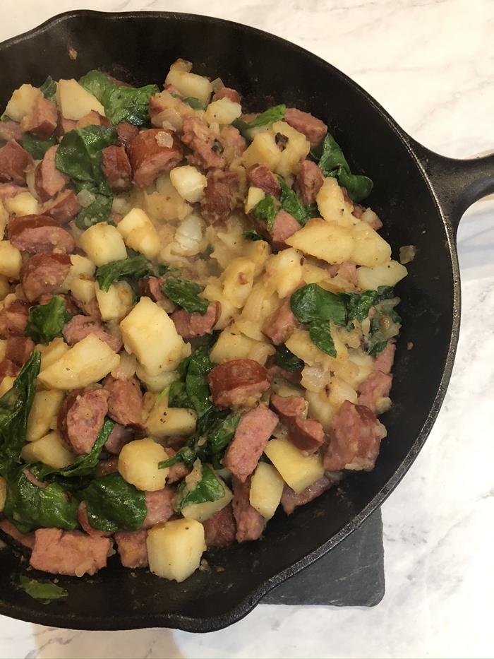 Potato Kielbasa Spinach One Pot Dinner 