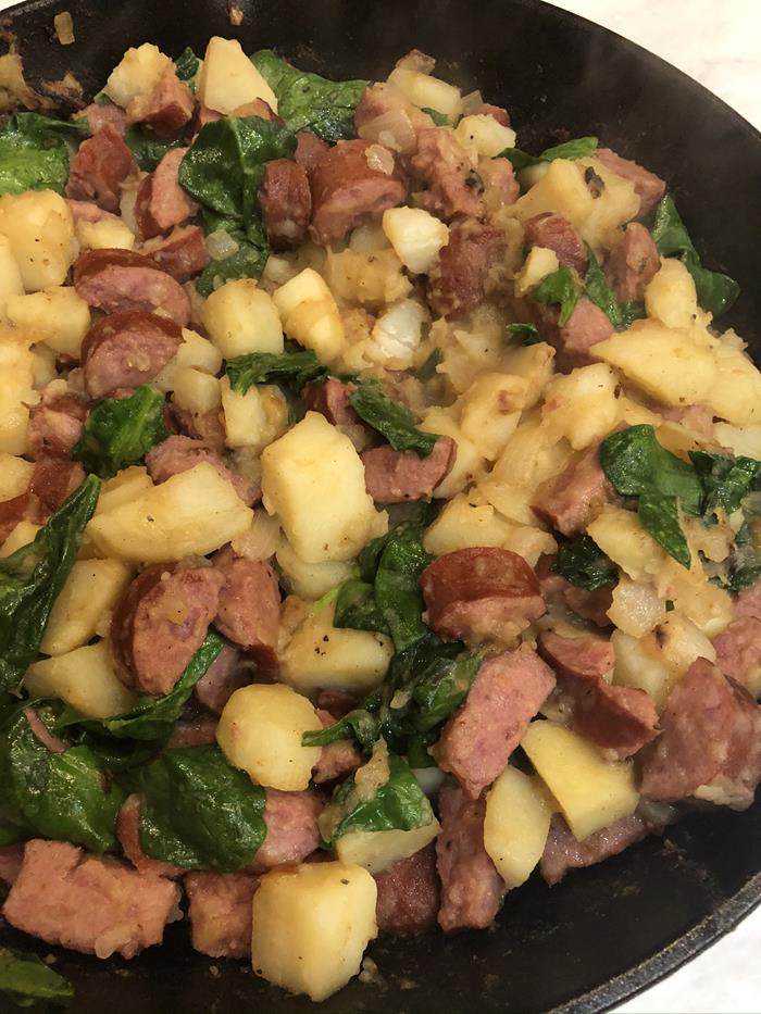 Potato Kielbasa Spinach One Pot Dinner