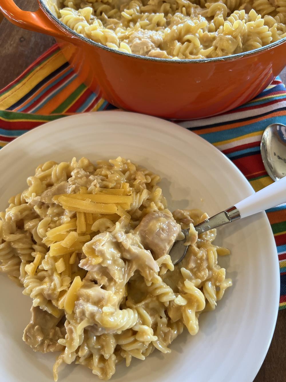 homemade gluten free tuna helper on white plate with red pan in background