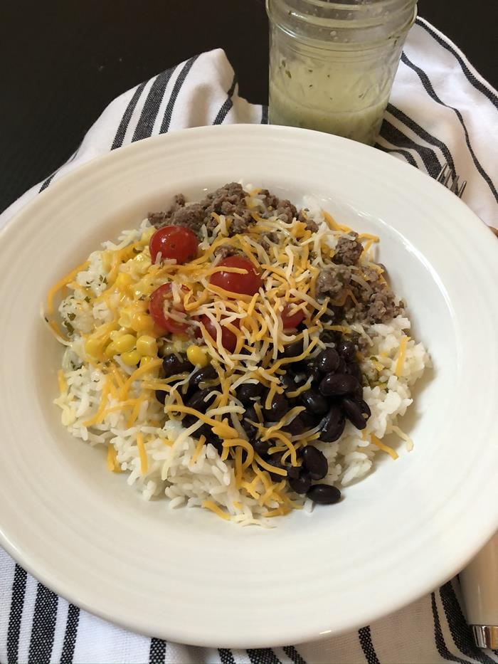 Burrito Bowl with Cilantro Lime Dressing Beef and Beans