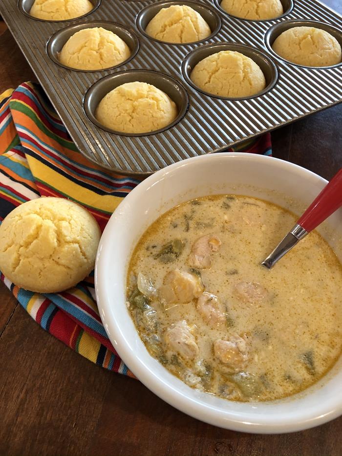 White Chicken Chili without Beans and Cornbread Muffins