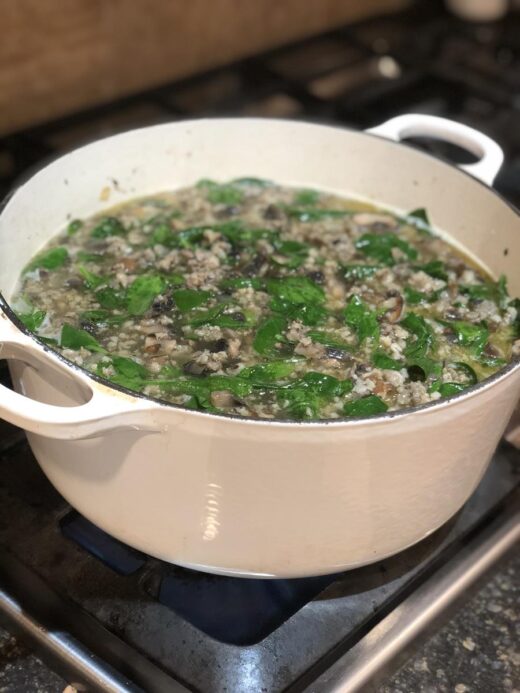 Sausage Spinach Mushroom Soup without Beans in pot