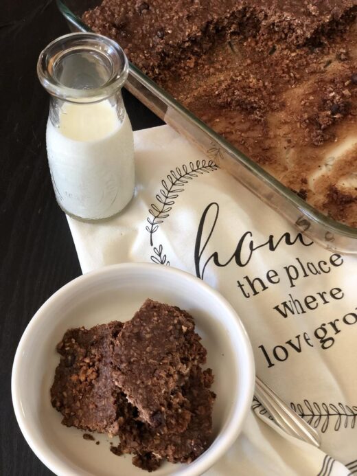 Double Chocolate Baked Oatmeal Gluten Free in a bowl with milk