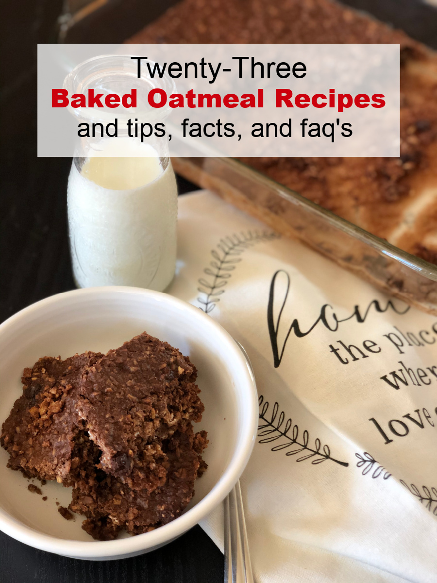 Baked oatmeal in a white bowl next to a a pan of baked oatmeal and a glass of milk. 