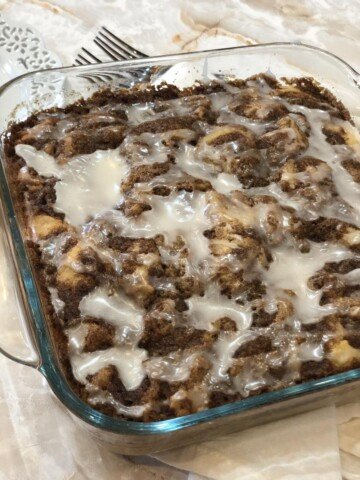 Cinnamon Roll Muffin Cake Gluten Free in glass square pan