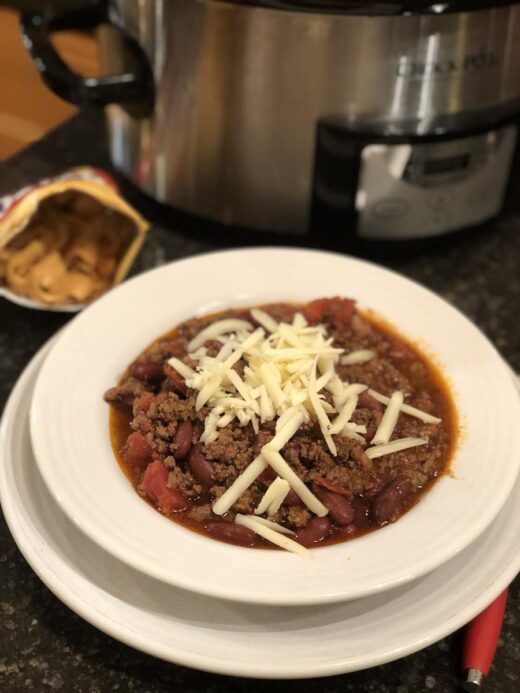 Crock Pot Chili in a white bowl