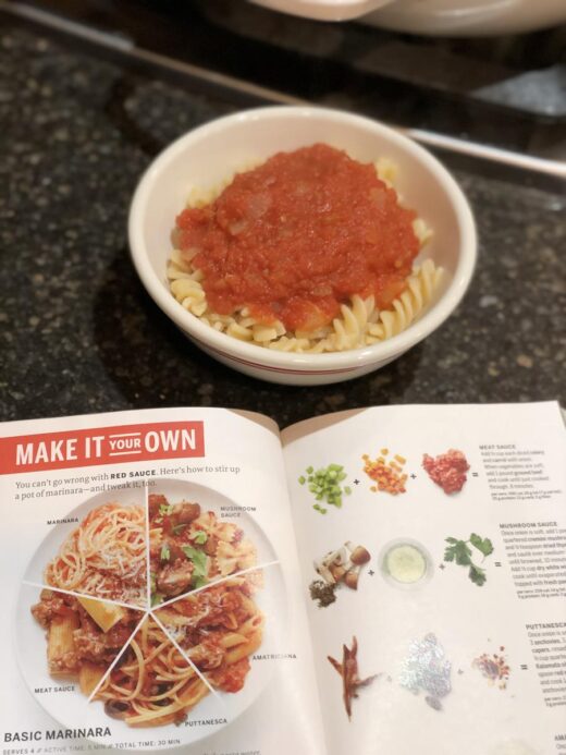 Pasta in a bowl with Martha Stewart's Basic Marinara