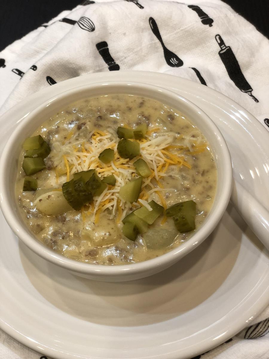 Cheeseburger Soup with Pickles