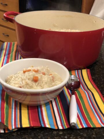 Chicken and Rice Soup in bowl and red pot