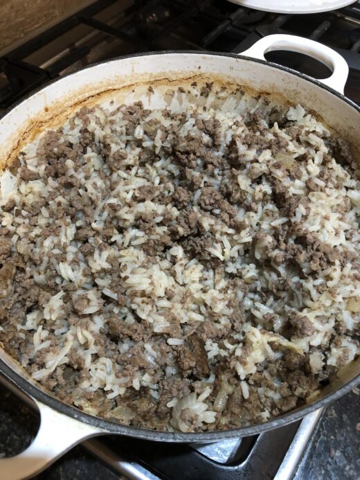 ground beef and rice in a pan