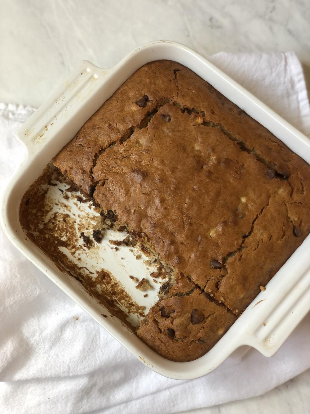 banana bread in white pan