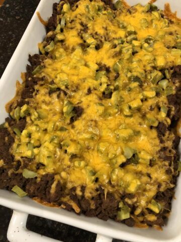 Low Carb Cheeseburger Casserole in white dish