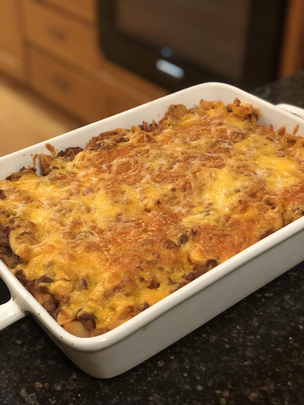 Taco pasta in casserole dish