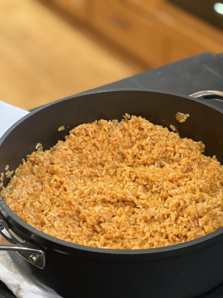 Brown Rice Mexican Rice in pan on counter