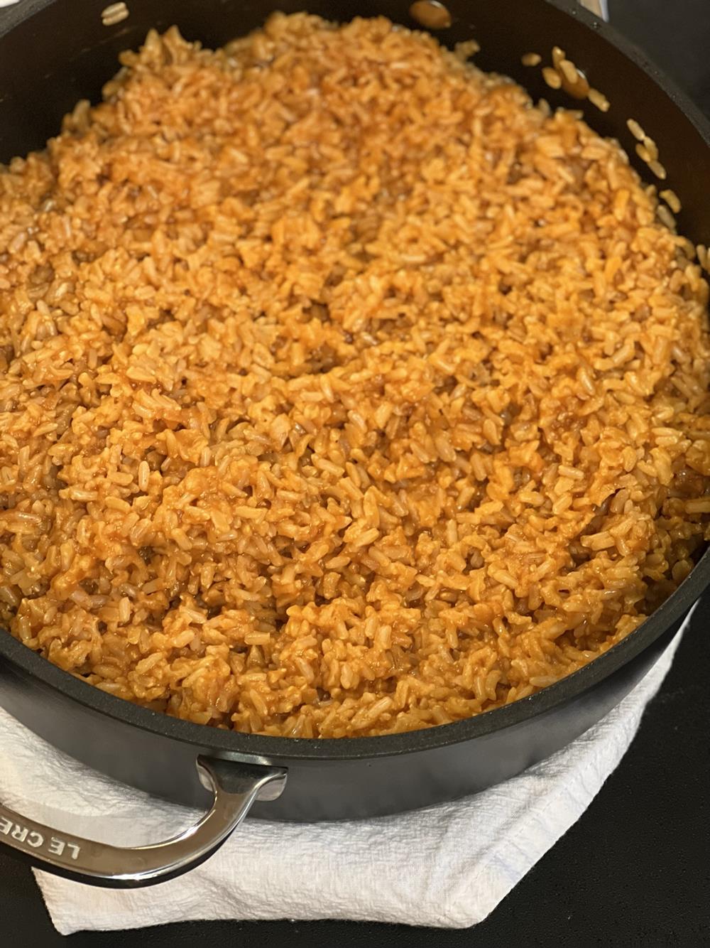 Mexican Rice Made with brown rice in a pan