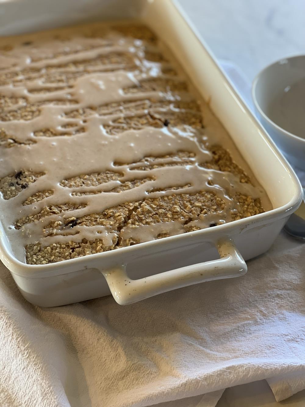 Cinnamon Raisin Baked Oatmeal in pan