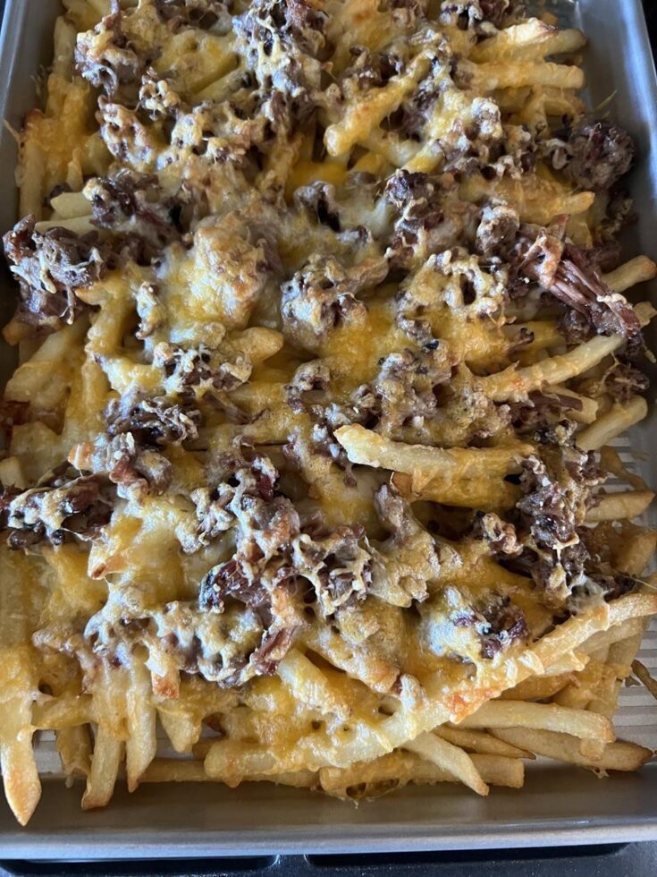 BBQ Cheese fries on cookie sheet