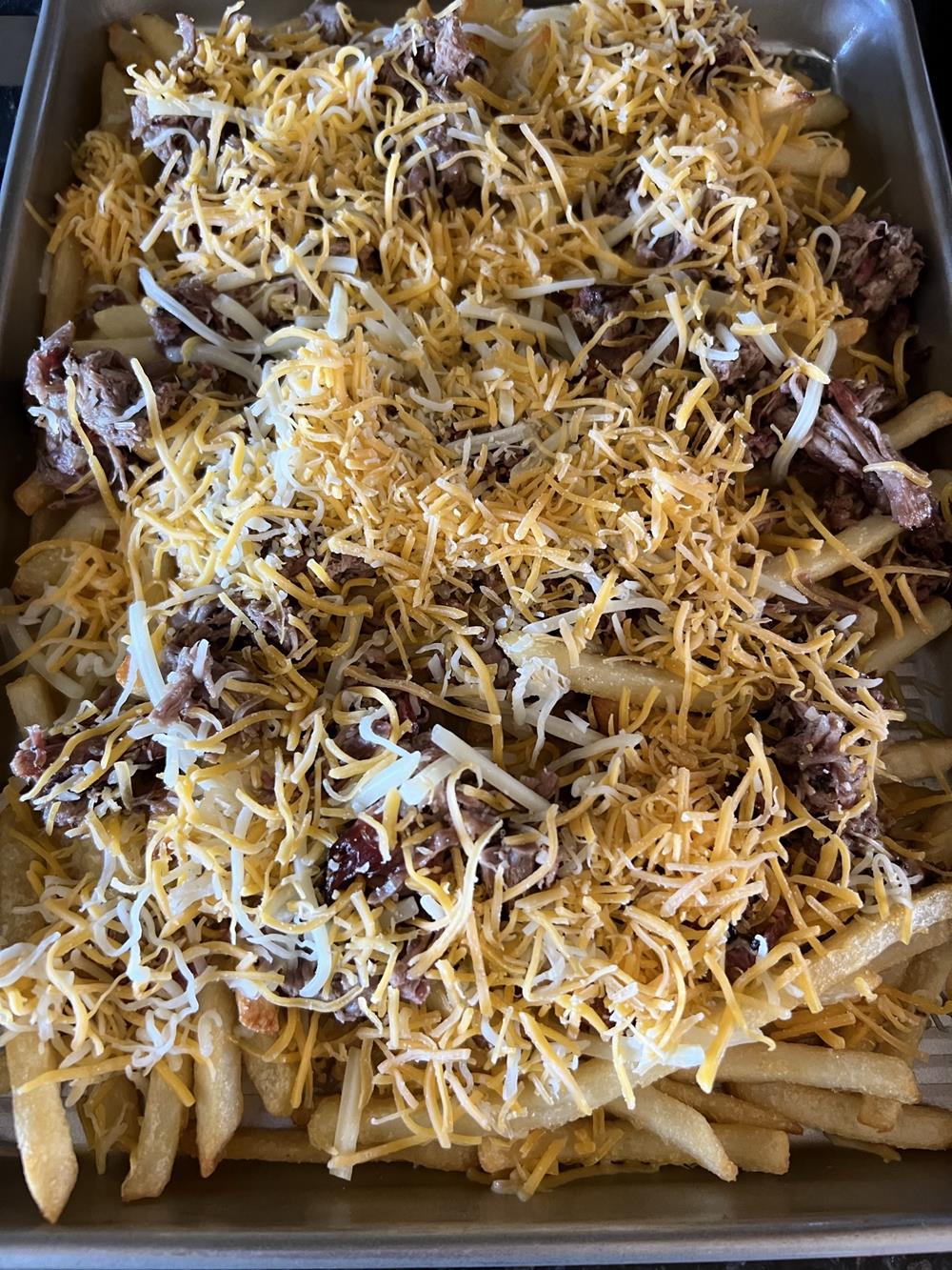 fries, meat and cheese