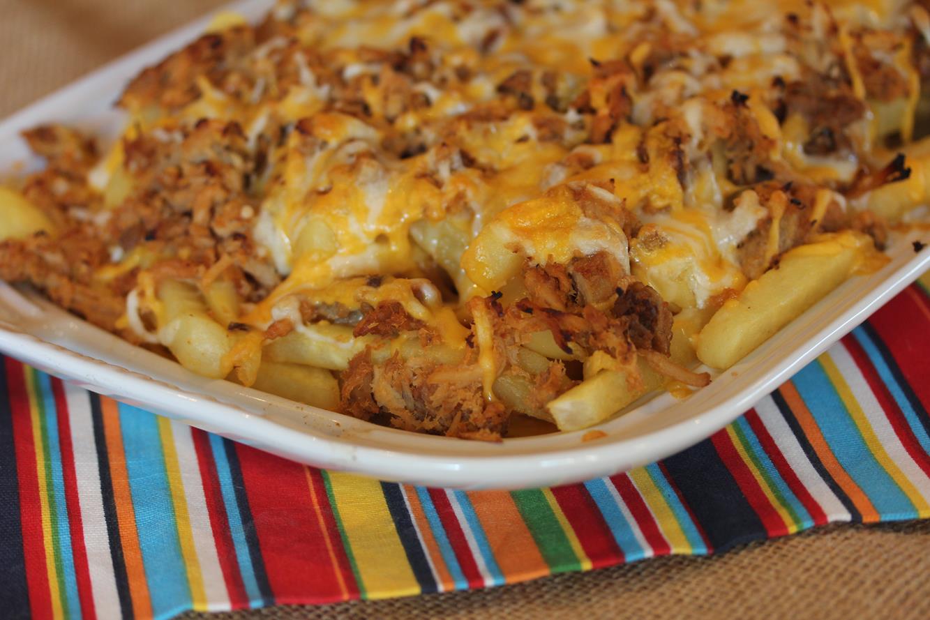 fries, cheese, and bbq meat on platter