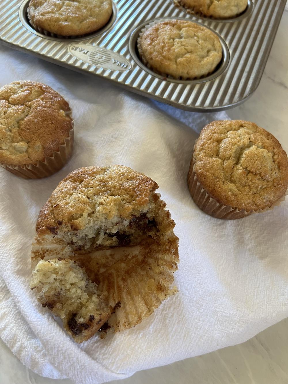 Chocolate Chip Banana Muffins on white napkin