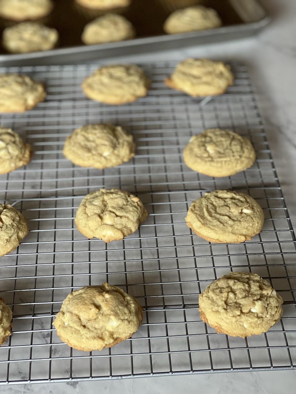 white chocolate chookies on cooling rack