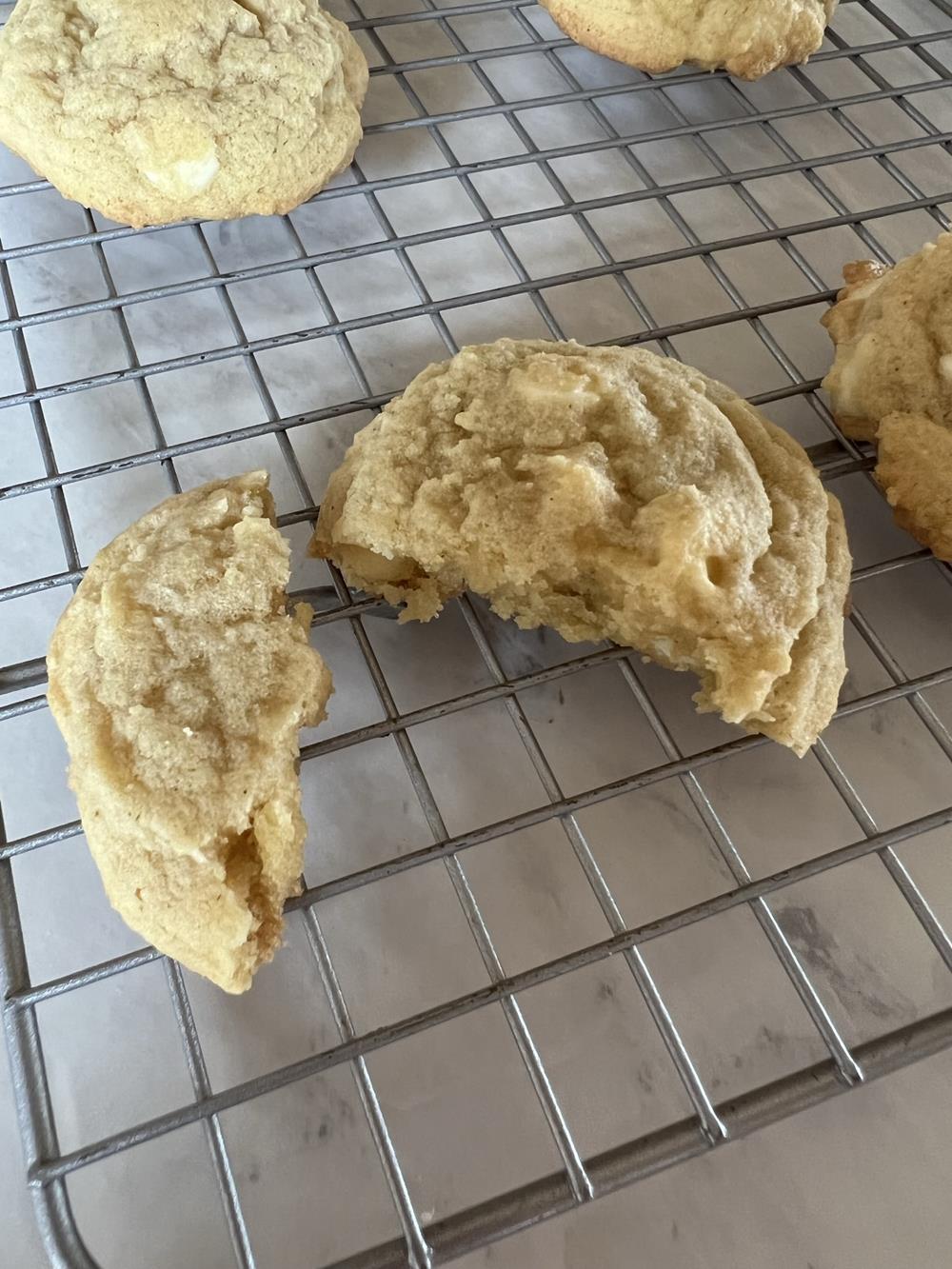 white chocolate cookie on cooling rack