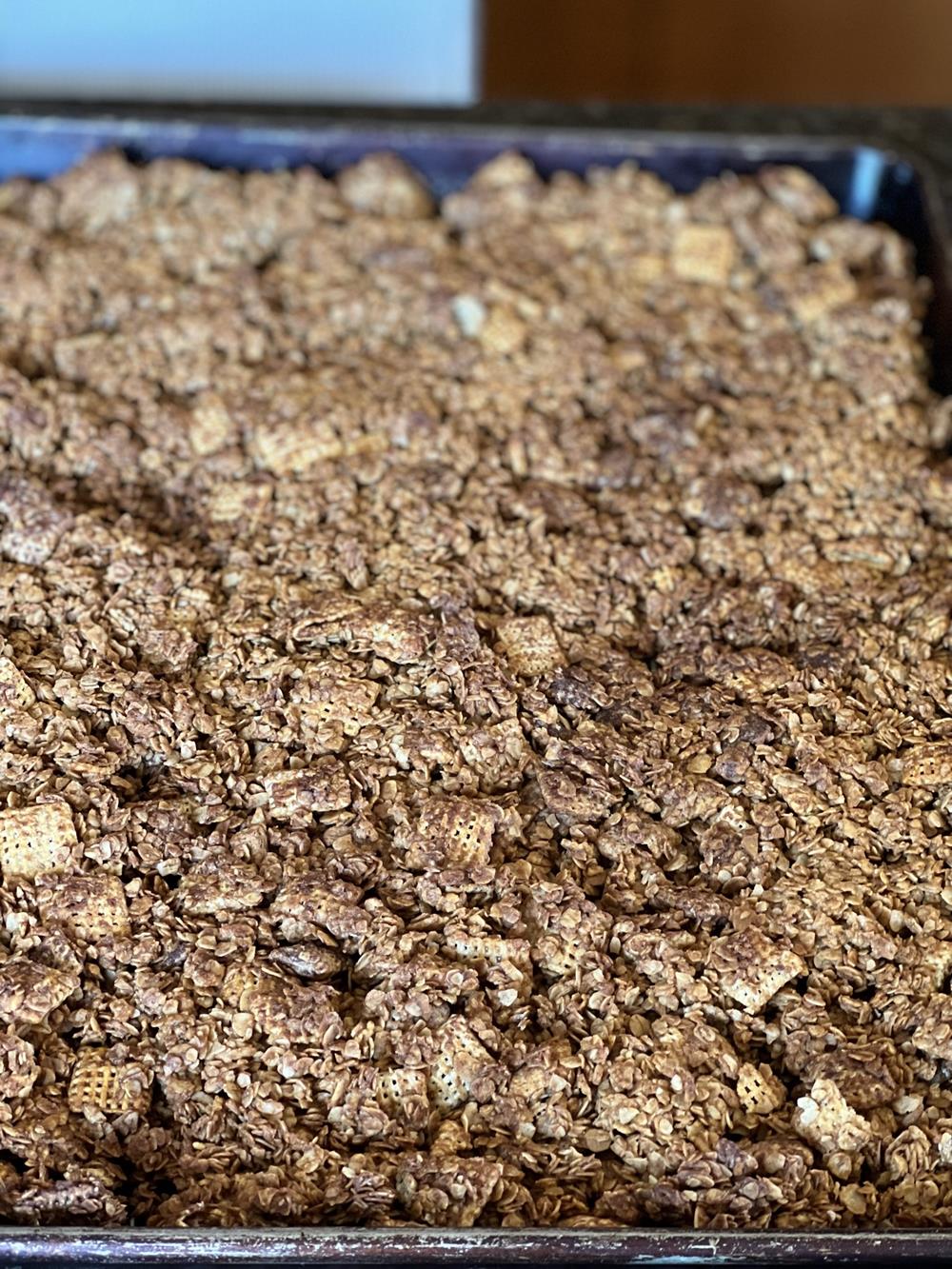 homemade chex granola on a pan