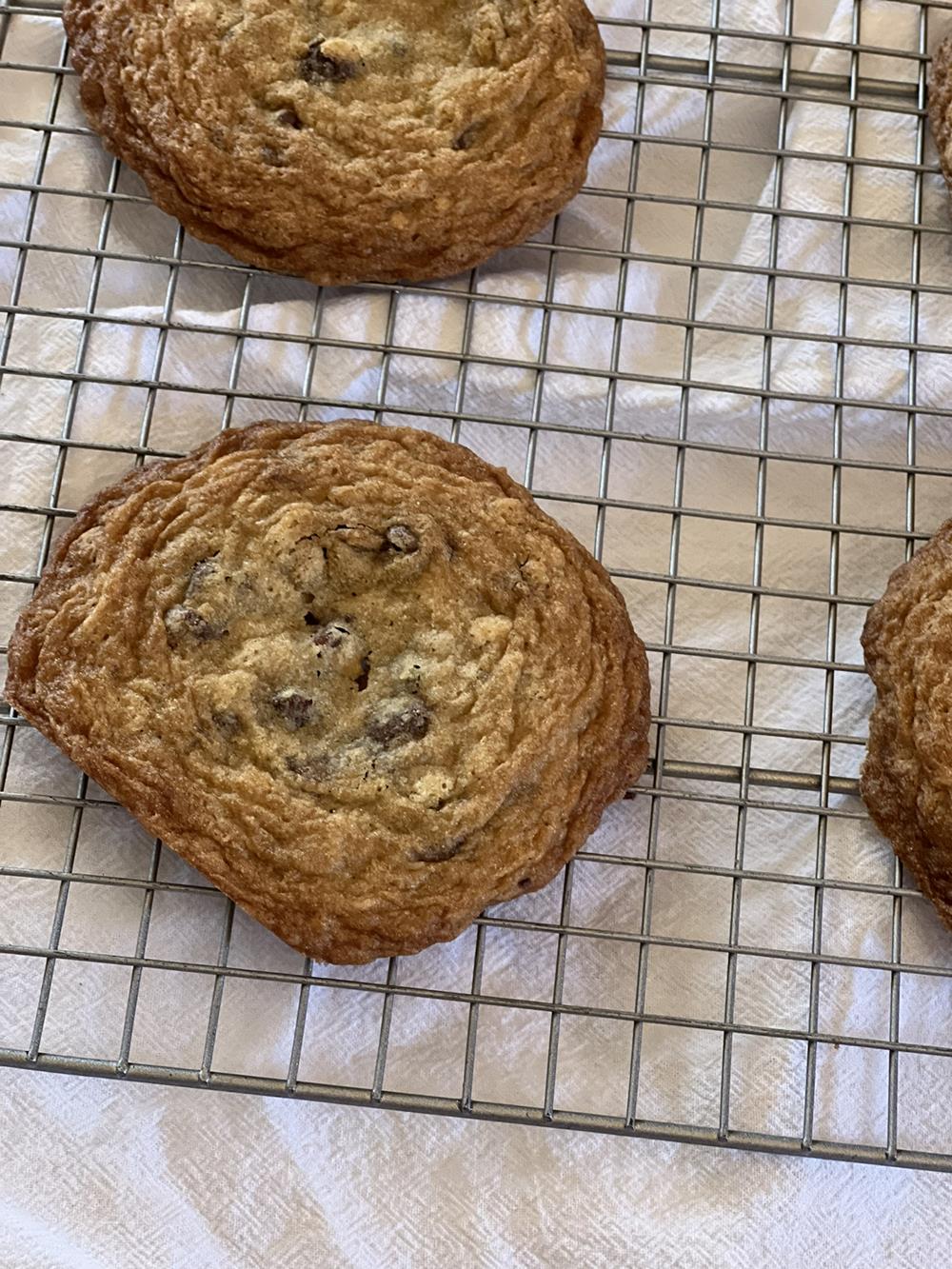 large oatmeal chocolate chip cookies on cooling rack