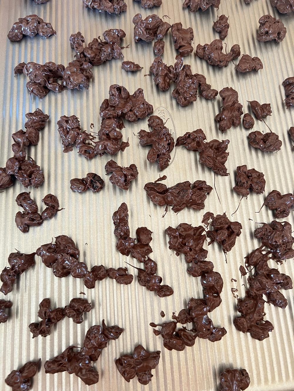 Chocolate covered raisins on cookie sheet