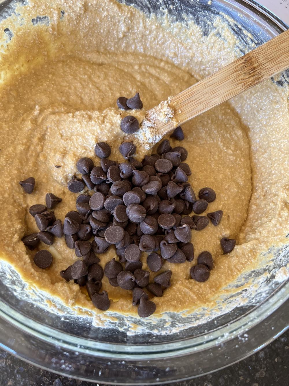 Oatmeal Pumpkin Muffins batter with Chocolate Chips in a bowl