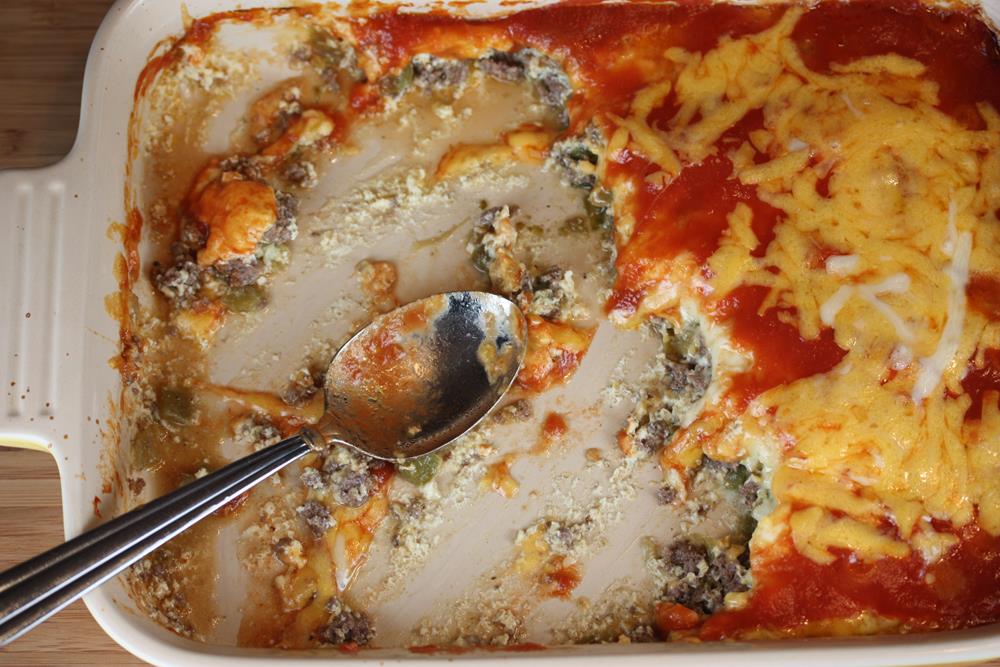 Chili Relleno Casserole with serving spoon