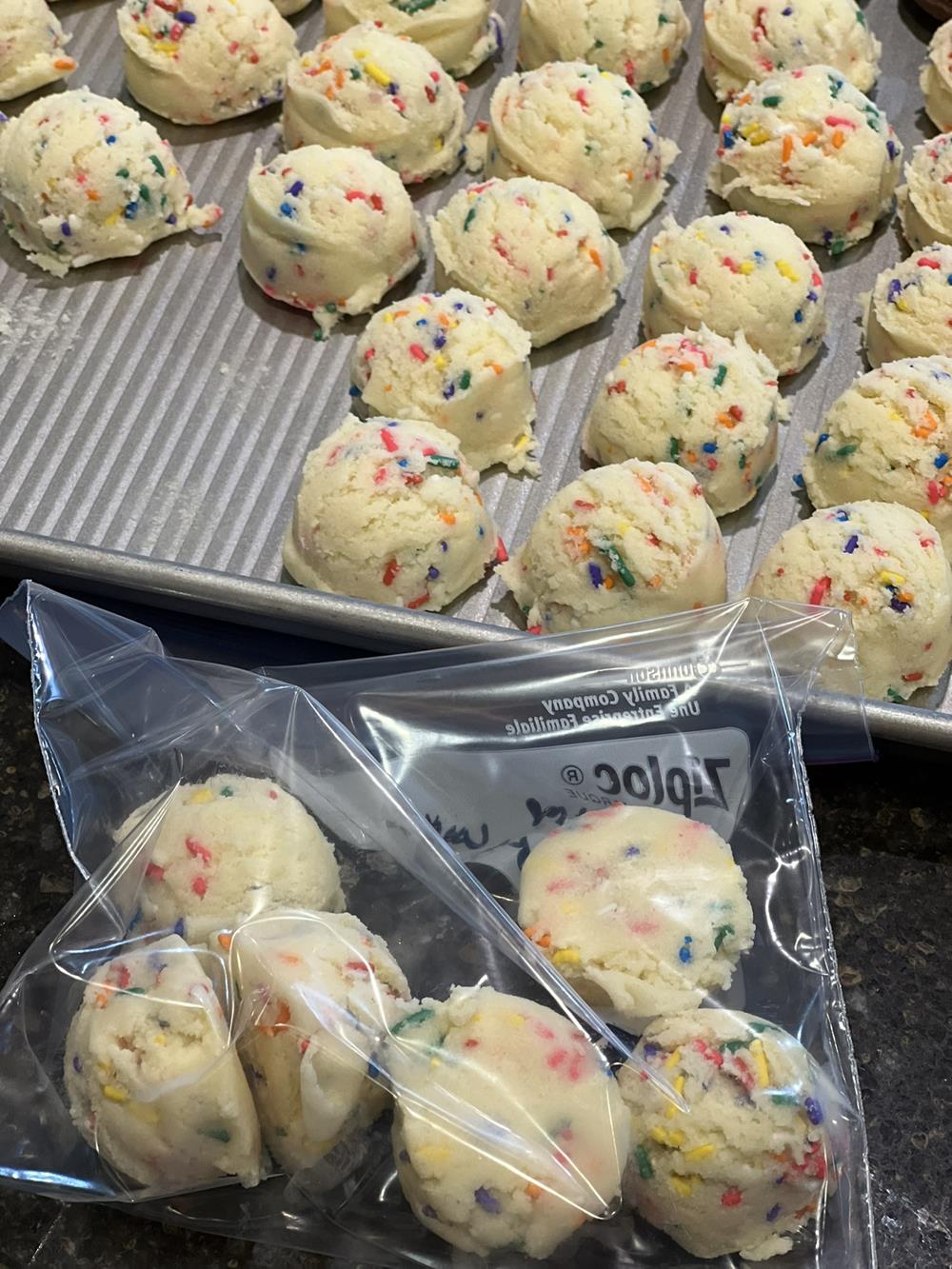 Drop sugar cookie dough on a cookie sheet and in a freezer bag
