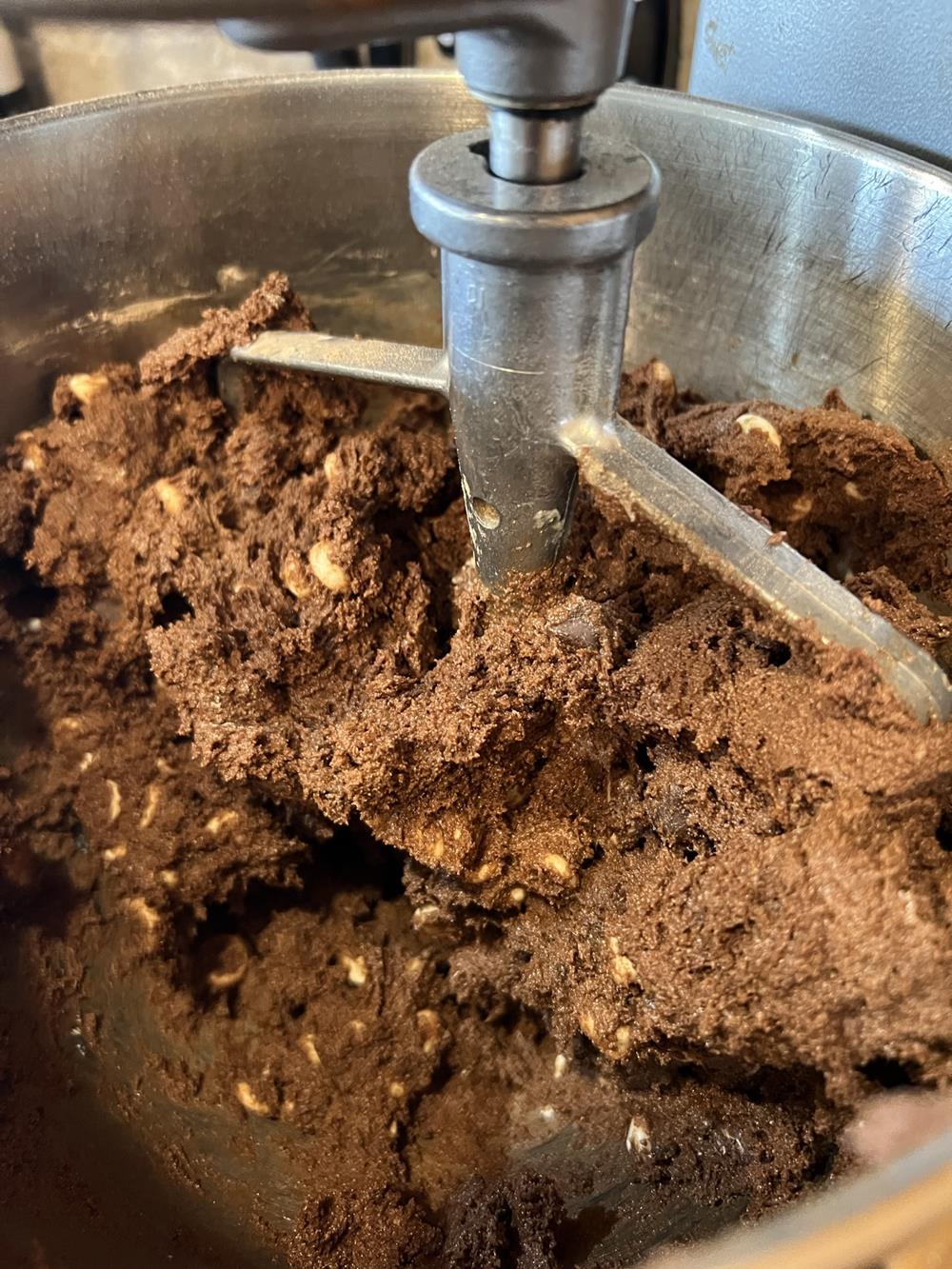 chocolate cookie dough in kitchen aid mixer