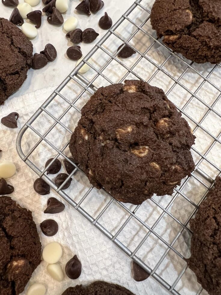 double chocolate chip cookies on wire cooling rack