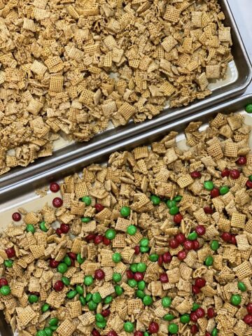 Caramel Chex Mix on two cookie sheets